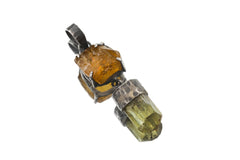 Sunstone and Terminated Apatite pendant shown on a white background, with oxidized 925 silver and two-stone vertical design.