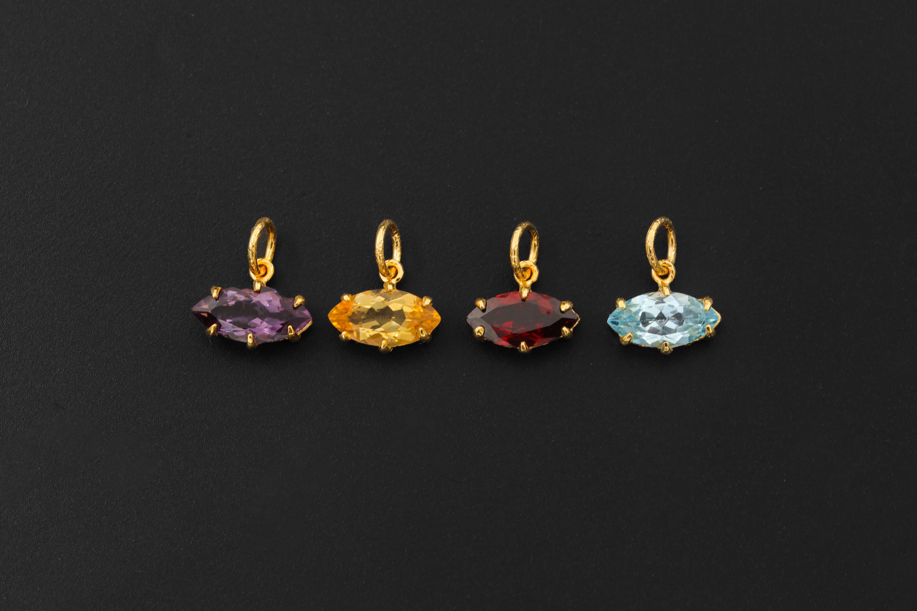 Claw Set Natural citrine Eye Pendant, Gold Plated 925 Sterling Sand textured Silver, Faceted Marquise Crystal, Throat Chakra December Gift