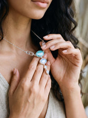 Larimar Moonstone Quartz Necklace, 925 Silver Box Chain, Artisan Pendant