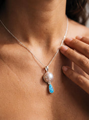 Blue Opal Pearl Pendant 925 Silver Ocean Talisman Teardrop Necklace High Shine Bezel Set Handmade Crystal Gift Jewelry