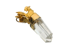 Rooster Clear Quartz pendant shown on a white background with symbolic animal spirit design and crystal generator point.