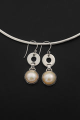 Pearl Drop Earrings 925 Sterling Silver Round Pearl Dangle Earrings High Shine Circle Link Bridal Lunar Jewelry Gift