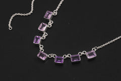 Amethyst 7 Stone Necklace 925 Silver Cable Chain Square Cut Gemstone Necklace Crown Chakra Purple Jewelry Gift