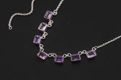 Amethyst 7 Stone Necklace 925 Silver Cable Chain Square Cut Gemstone Necklace Crown Chakra Purple Jewelry Gift