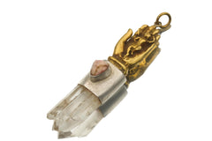 Sun Wukong Buddha Hand pendant shown on a white background with Clear Quartz point, Amethyst accent, and brass figurework.
