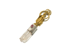 Buddha Clear Quartz Ruby pendant shown on a black necklace with Clear Quartz point, Ruby accent, sterling silver, and brass detail.
