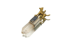 Dog Clear Quartz Kyanite pendant shown on a white background with symbolic animal spirit detail and crystal body.