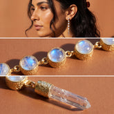 Blue Moonstone and Clear Quartz gold-plated sterling silver stud drop earrings shown in warm sunlight with raw crystal points.