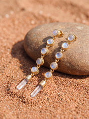 Blue Moonstone & Quartz Drop Earrings, Sand Textured Gold Plated Sterling Silver