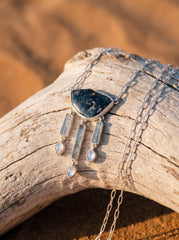 Raw Blue Tourmaline Slice Necklace, Aquamarine Moonstone, 925 Silver
