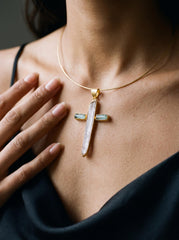 Handmade Kunzite Aquamarine Cross Pendant, 18k Gold Plated Silver