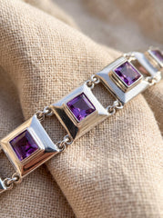 Square Amethyst Link Bracelet 925 Sterling Silver Purple Crystal Bracelet Crown Chakra Jewelry High Shine Gemstone Tennis Bracelet