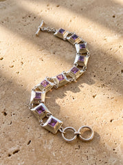 Square Amethyst Link Bracelet 925 Sterling Silver Purple Crystal Bracelet Crown Chakra Jewelry High Shine Gemstone Tennis Bracelet