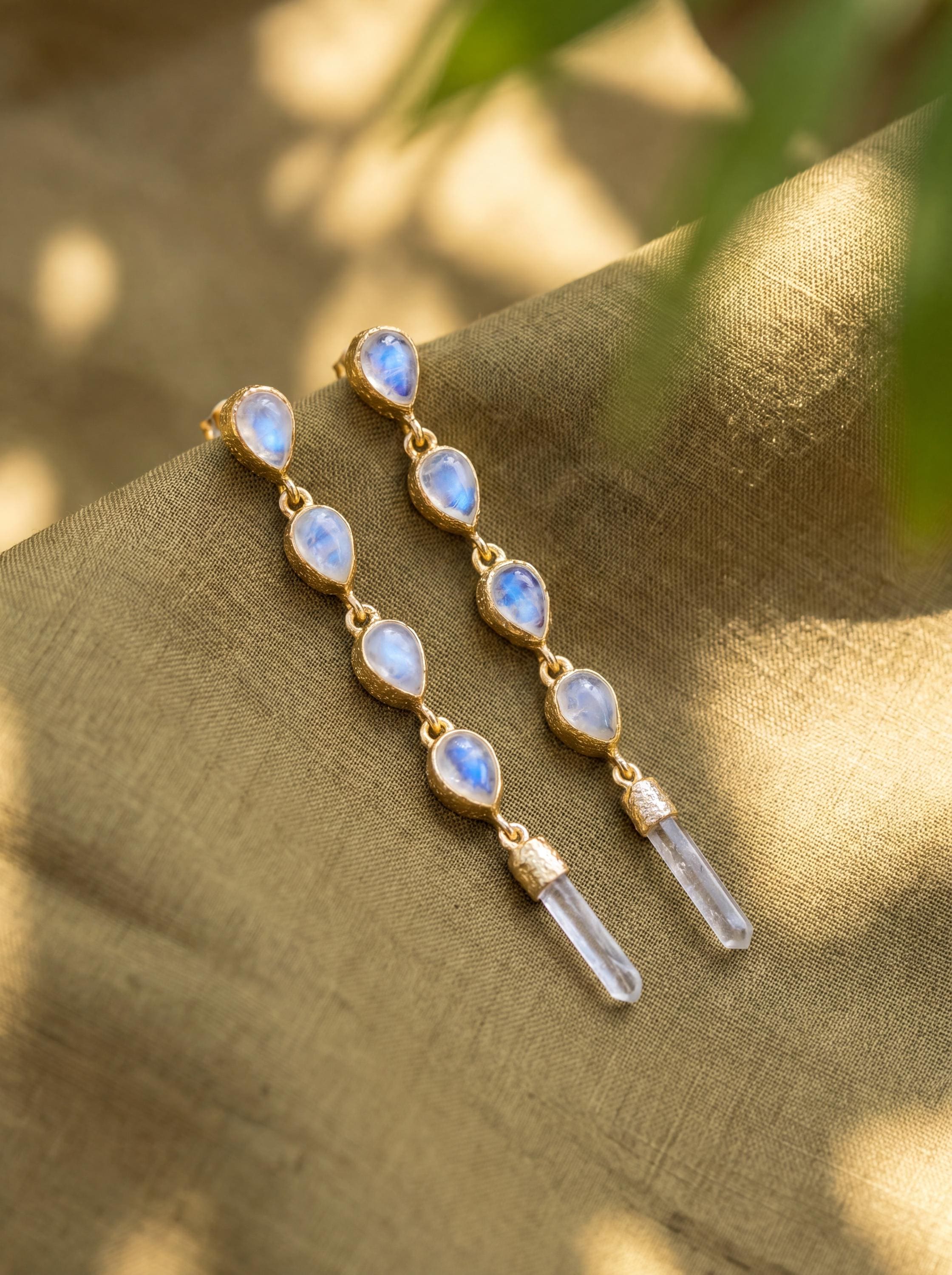 Blue Moonstone Quartz Drop Earrings, Gold Plated Sterling Silver