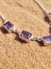 Amethyst 7 Stone Necklace 925 Silver Cable Chain Square Cut Gemstone Necklace Crown Chakra Purple Jewelry Gift