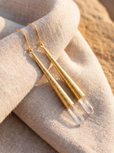 Himalayan Chlorite Phantom Quartz earrings in gold-plated 925 sterling silver with long crystal dangle design.