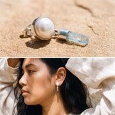 South Sea Pearl and raw Aquamarine sterling silver stud drop earrings shown worn on the ear with soft ocean-inspired movement.