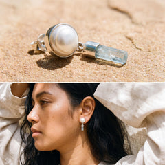 South Sea Pearl and raw Aquamarine sterling silver stud drop earrings shown worn on the ear with soft ocean-inspired movement.