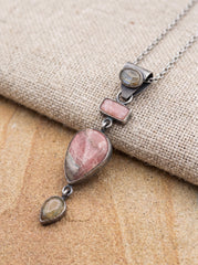 Moonstone Labradorite Rhodochrosite Pendant 925 Silver Oxidized Crystal Charm Heart Third Eye Chakra Gift
