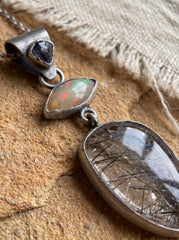 Ethiopian Opal Sapphire Black Rutile Quartz Pendant, Oxidized Sterling Silver Eye Charm, Brush Texture, Aged Look Talisman