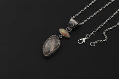 Ethiopian Opal Sapphire Black Rutile Quartz Pendant, Oxidized Sterling Silver Eye Charm, Brush Texture, Aged Look Talisman