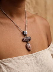 Moonstone Raw Ruby Rhodochrosite Pendant, Oxidized Sterling Silver, Brushed Dangle Charm, Heart Root Chakra, Cancer Leo