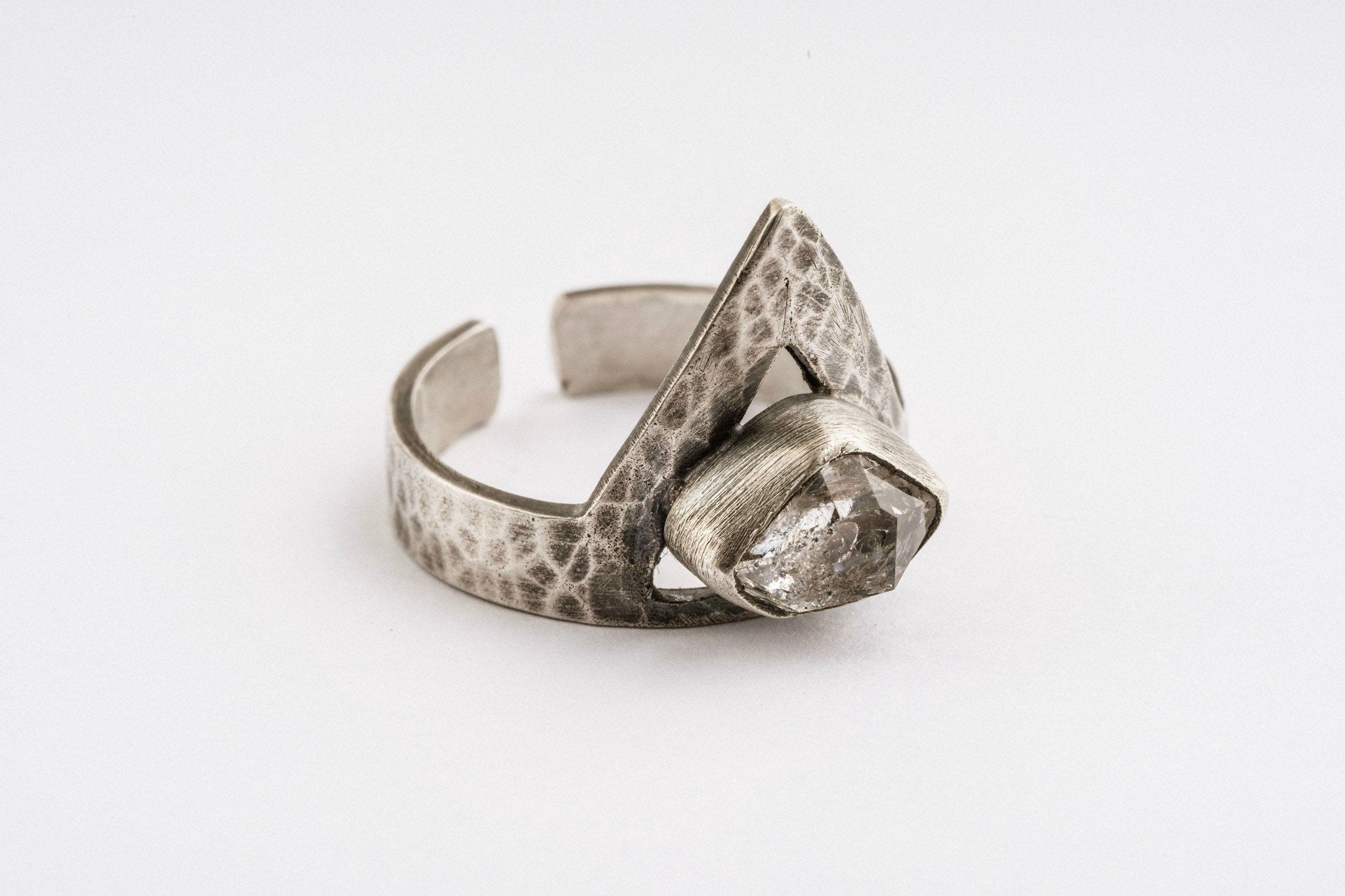 Herkimer Diamond Quartz - Hammered OR Brushed & Oxidised Finish - 925 Sterling Silver - Adjustable Open Ring