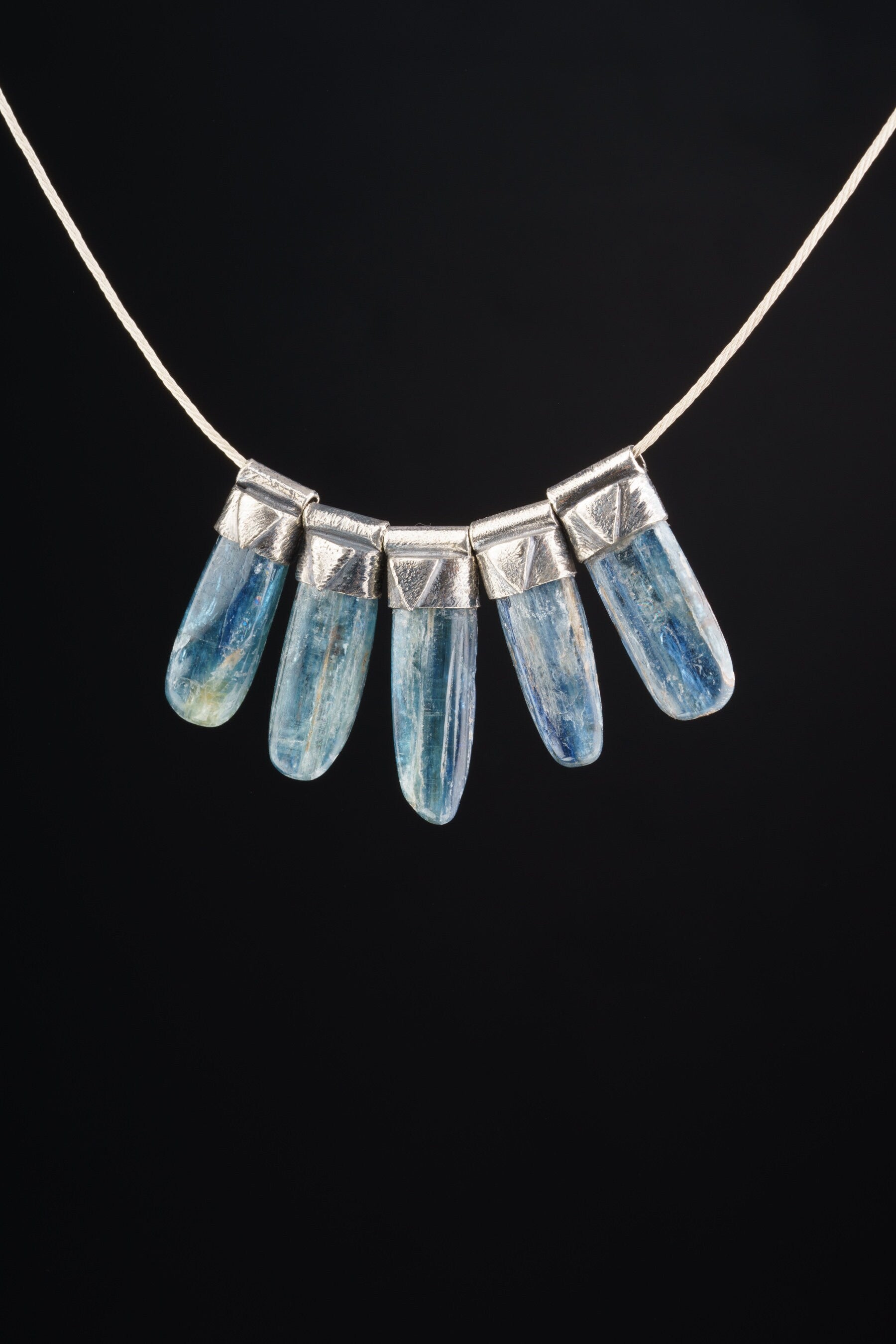 Polished Blue Kyanite - Stack Pendant textured & oxidised - 925 sterling silver - Crystal Necklace
