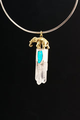 Chunky Clear Twin/Triple Terminated Quartz & Royston Turquoise - Brushed Sterling Silver - Elephant Brass cast Talisman - Crystal Pendant