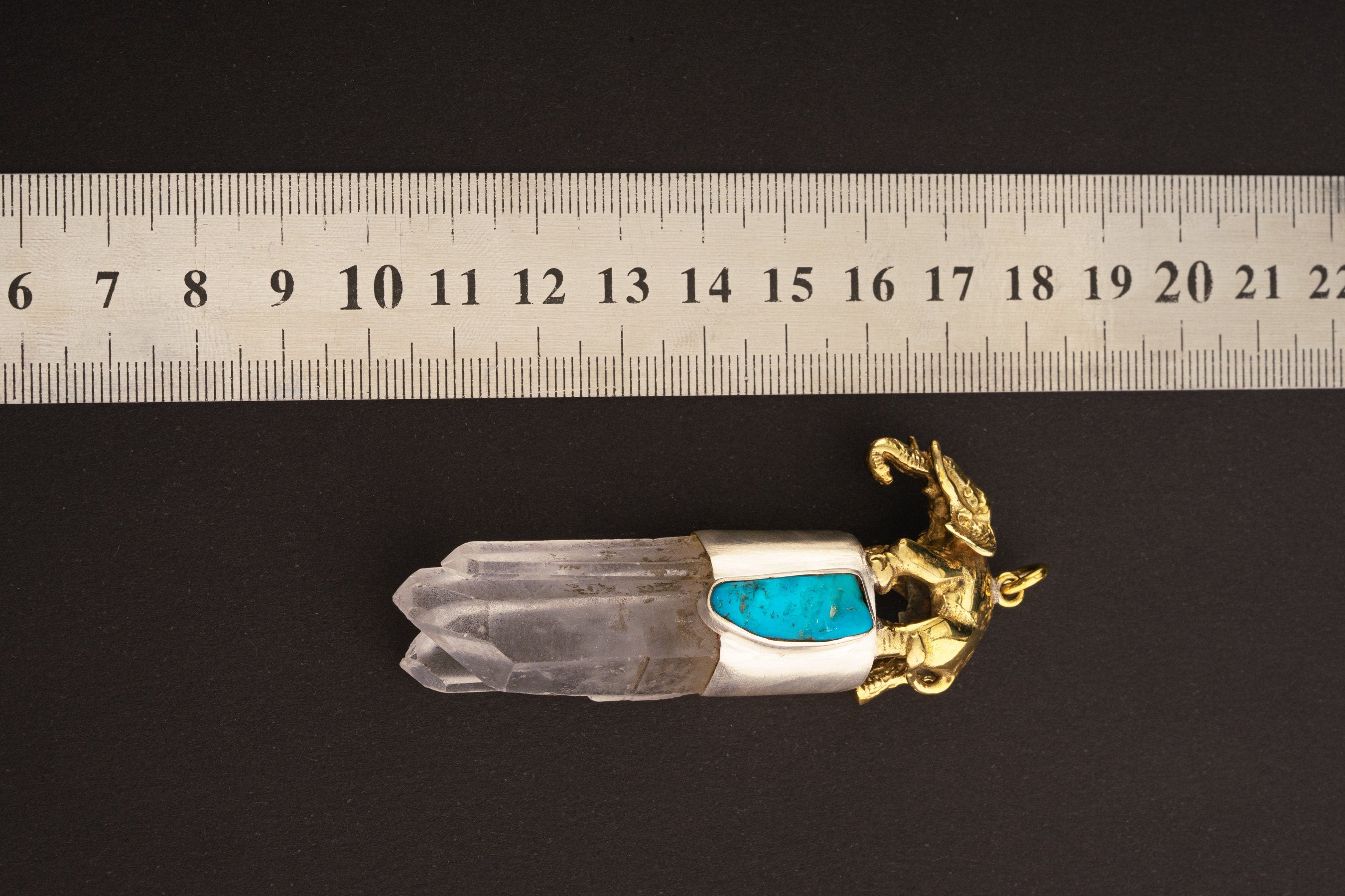 Chunky Clear Twin/Triple Terminated Quartz & Royston Turquoise - Brushed Sterling Silver - Elephant Brass cast Talisman - Crystal Pendant