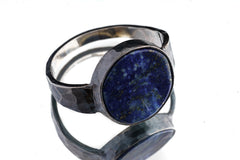 Round Flat Lapiz Lazuli Old cut - Unisex / Men - Large Crystal Ring - Size 13 - 925 Sterling Silver - Hammer Textured & Oxidised