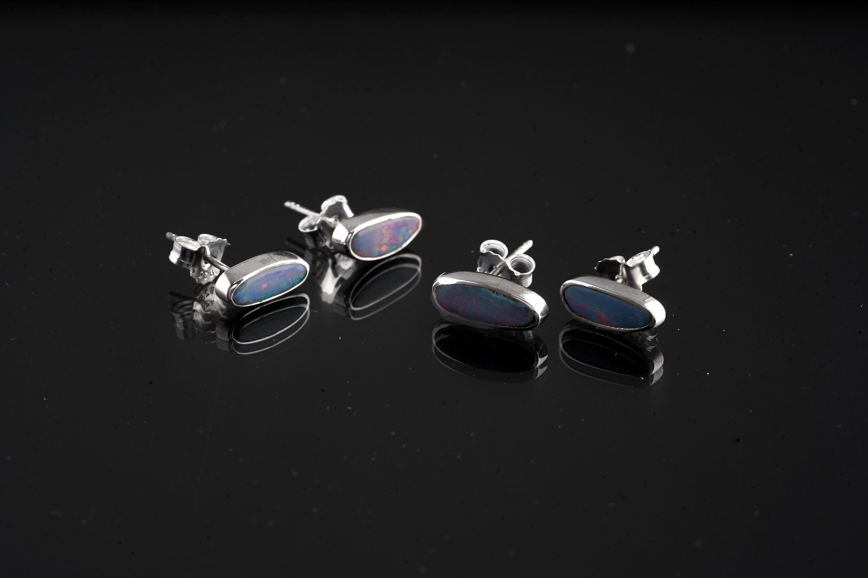 Galactic Australian Opal Doublet - In many Shades of Blue and lots of Fiery Sparkles - Fine silver pin - Sterling Silver Stud Earrings