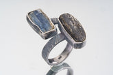 Blue Kyanite & Gem Tourmaline- 925 Sterling Silver - Double Stone - Textured, Oxidised - Open Ring Band - Adjustable US 4-10 - NO/7