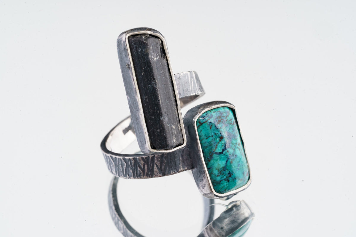 Tourmaline Wand & Square Chrysocolla - 925 Sterling Silver - Double Stone - Textured, Oxidised - Open Ring Band - Adjustable US 4-10 - NO/15