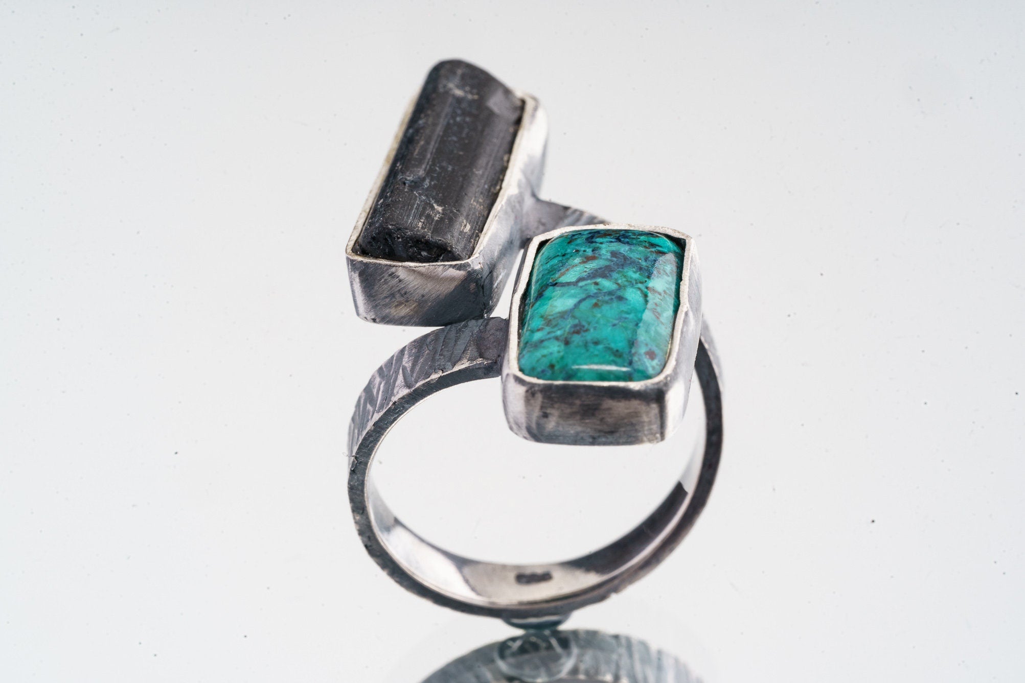 Tourmaline Wand & Square Chrysocolla - 925 Sterling Silver - Double Stone - Textured, Oxidised - Open Ring Band - Adjustable US 4-10 - NO/15