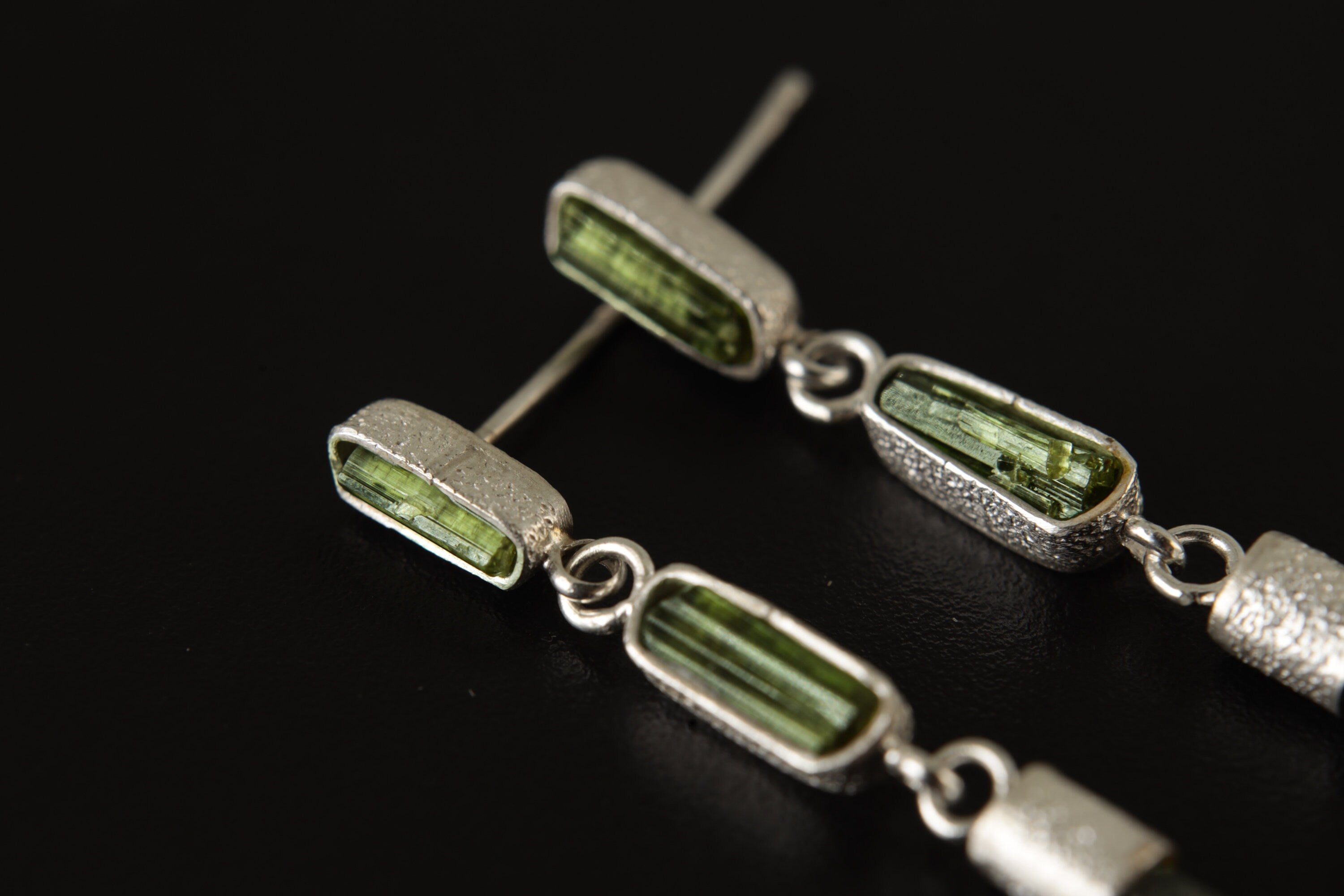 Verdant Geometry Tourmaline Stud Earrings - With Green Tourmaline- Sterling Silver - Sand Textured