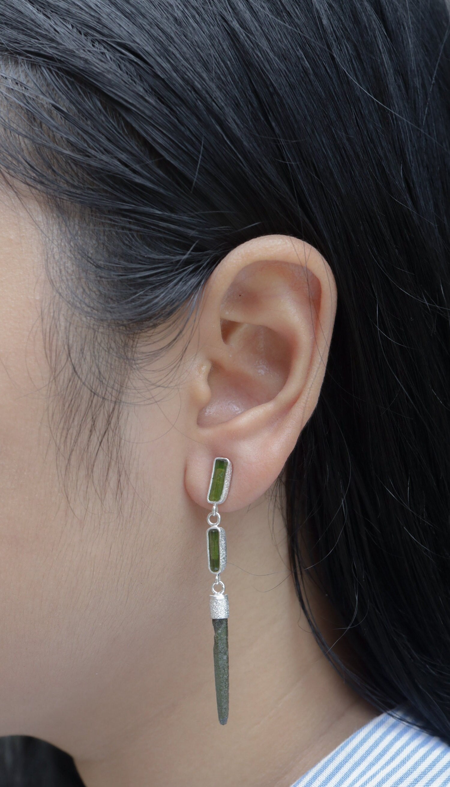 Verdant Geometry Tourmaline Stud Earrings - With Green Tourmaline- Sterling Silver - Sand Textured
