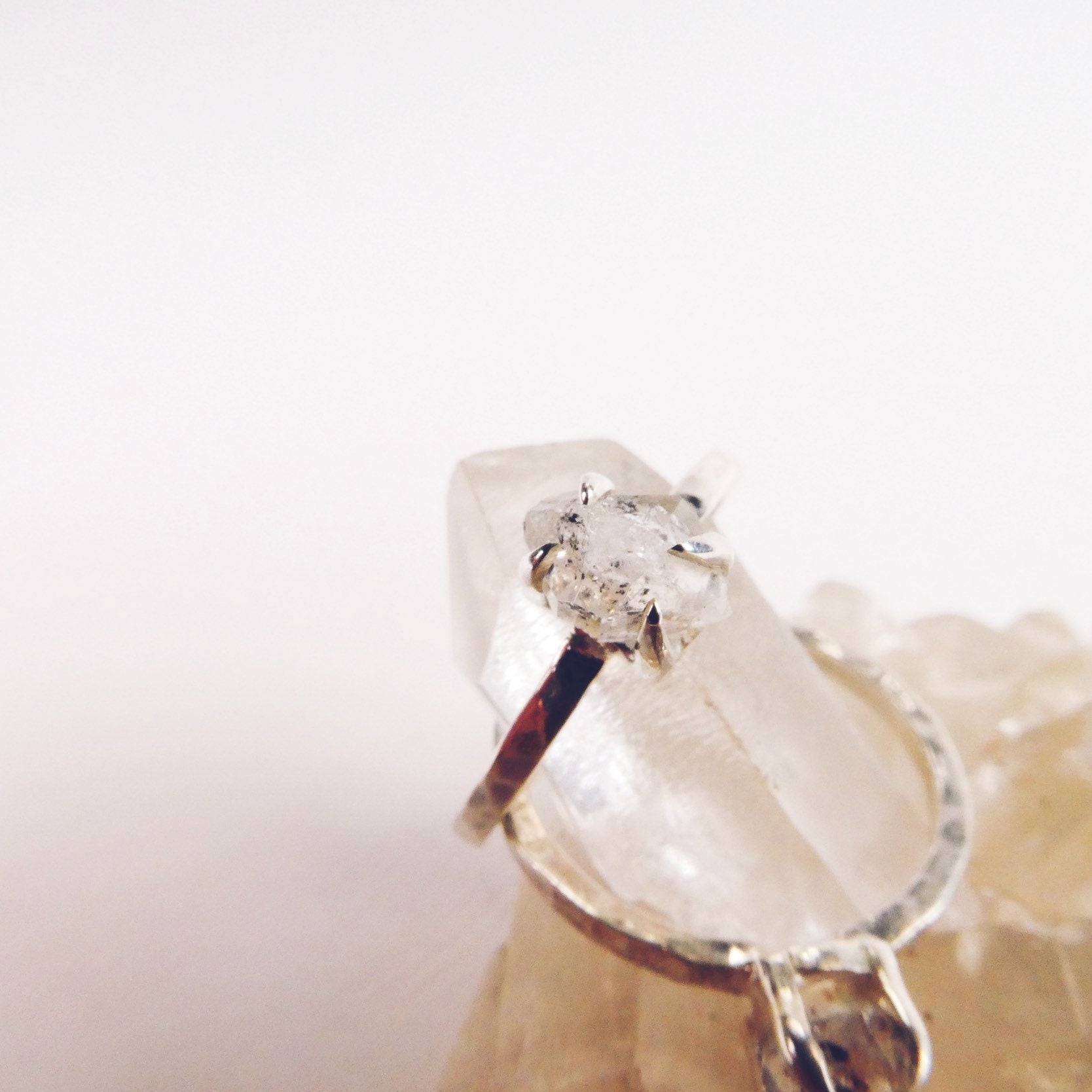 Herkimer Diamond - Size 5-9US 925 - Sterling Silver - Claw Set Fine Hammered Band Ring