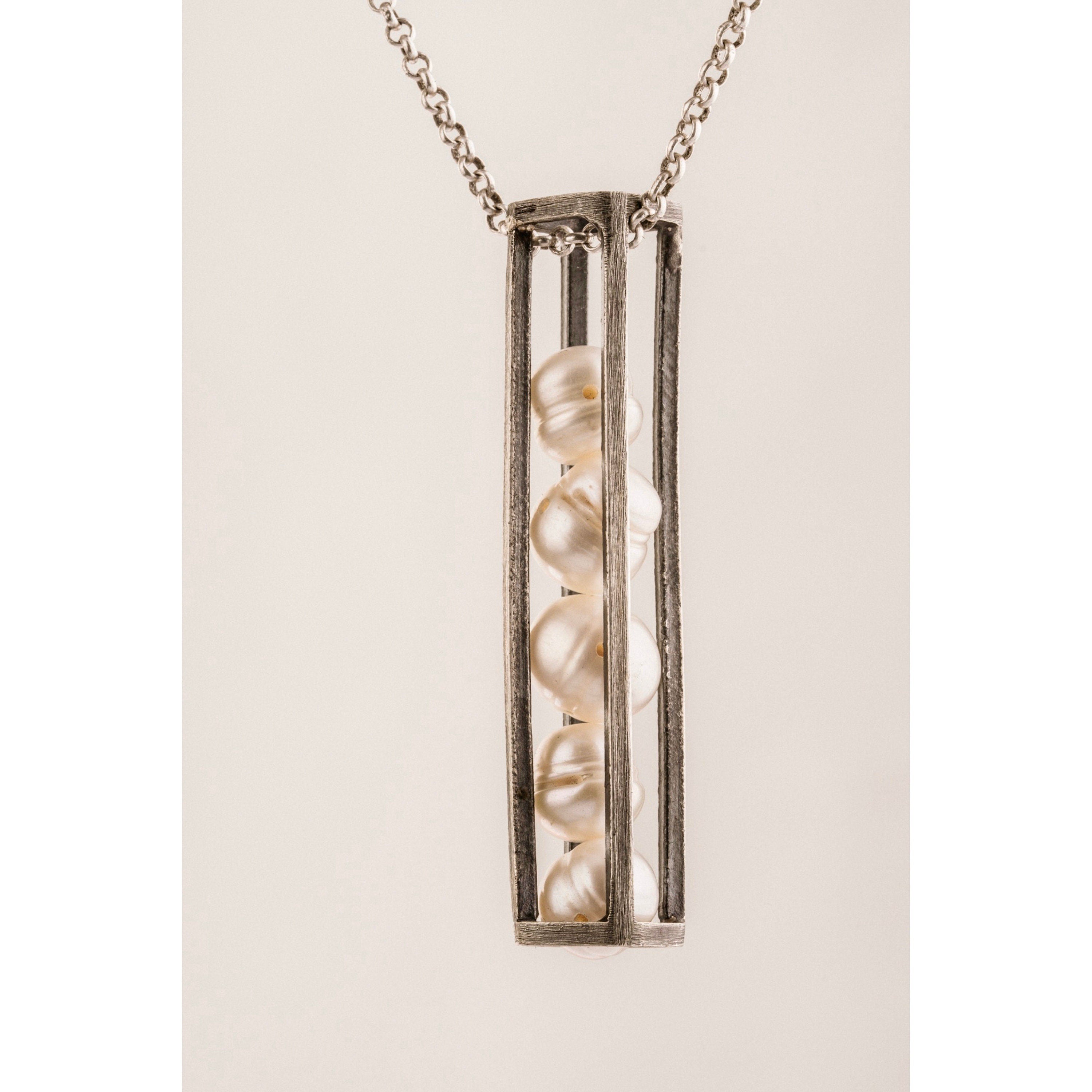 Oxidized Sterling Silver Pearl Cage Pendant Necklace: Hammered Silver