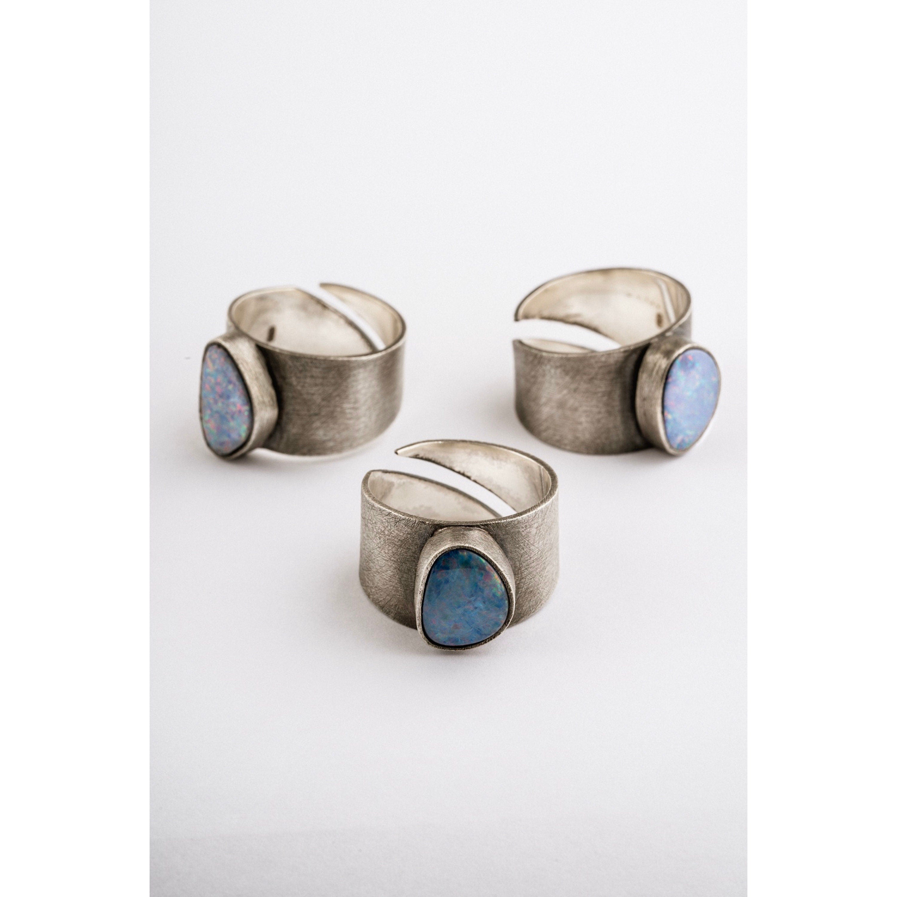Oxidized Sterling Silver Opal Ring: Adjustable Textured Band