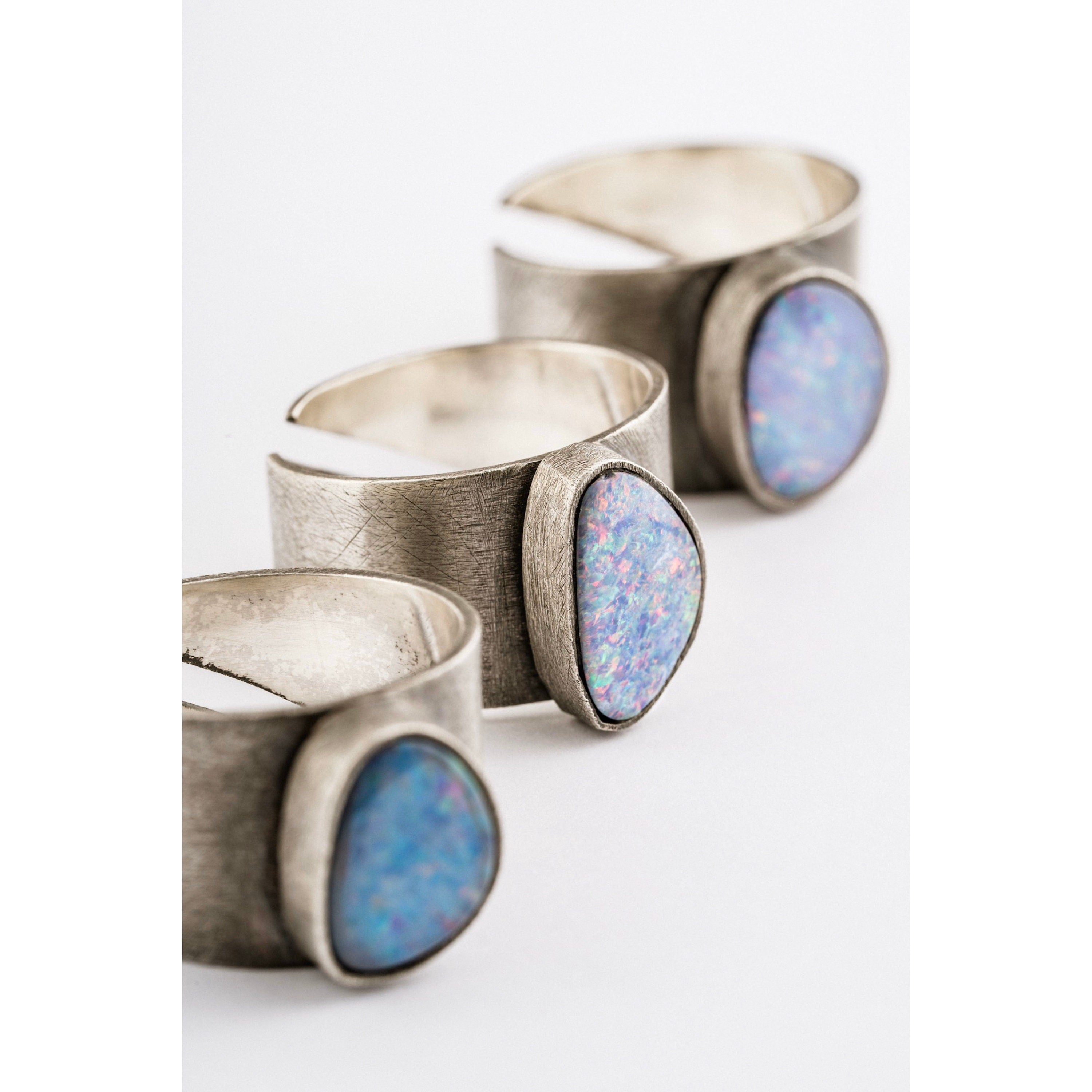 Adjustable Opal Ring in Oxidised Sterling Silver – Handmade Textured Band, October Birthstone, Chakra Jewelry, Unique Made to Order Gift