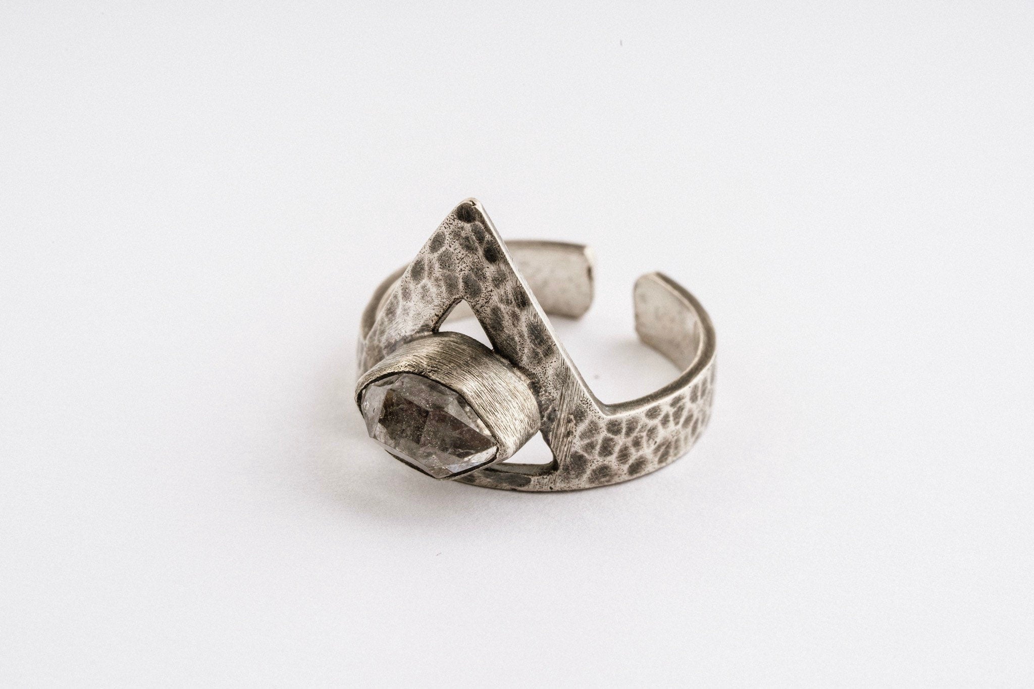 Herkimer Diamond Quartz - Hammered OR Brushed & Oxidised Finish - 925 Sterling Silver - Adjustable Open Ring - Made to Order