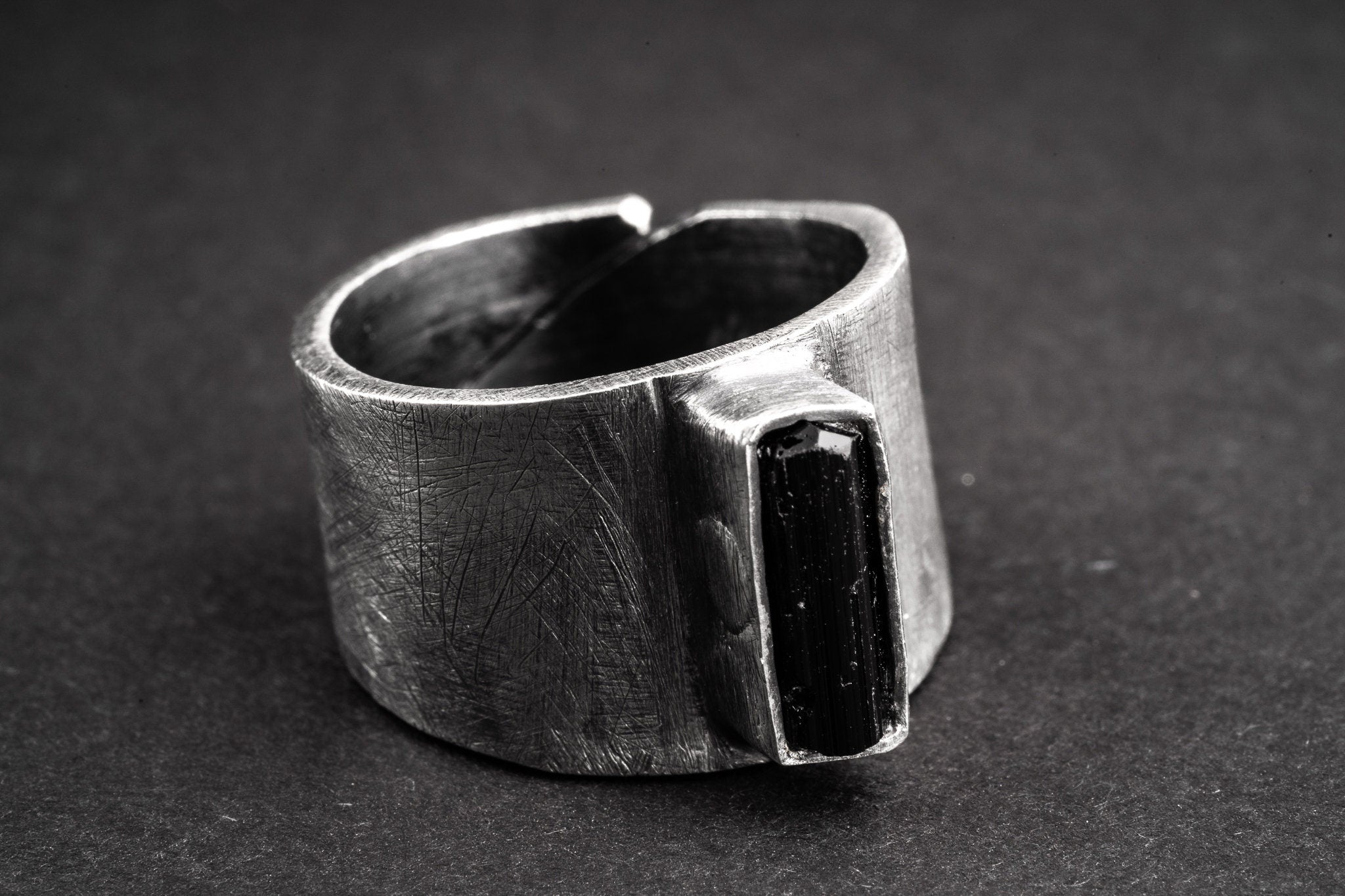 Made to order - Raw Black Tourmaline - Adjustable Unisex Ring - Size US 5-12 - Sterling Silver - Solid Brush Textured & Oxidised