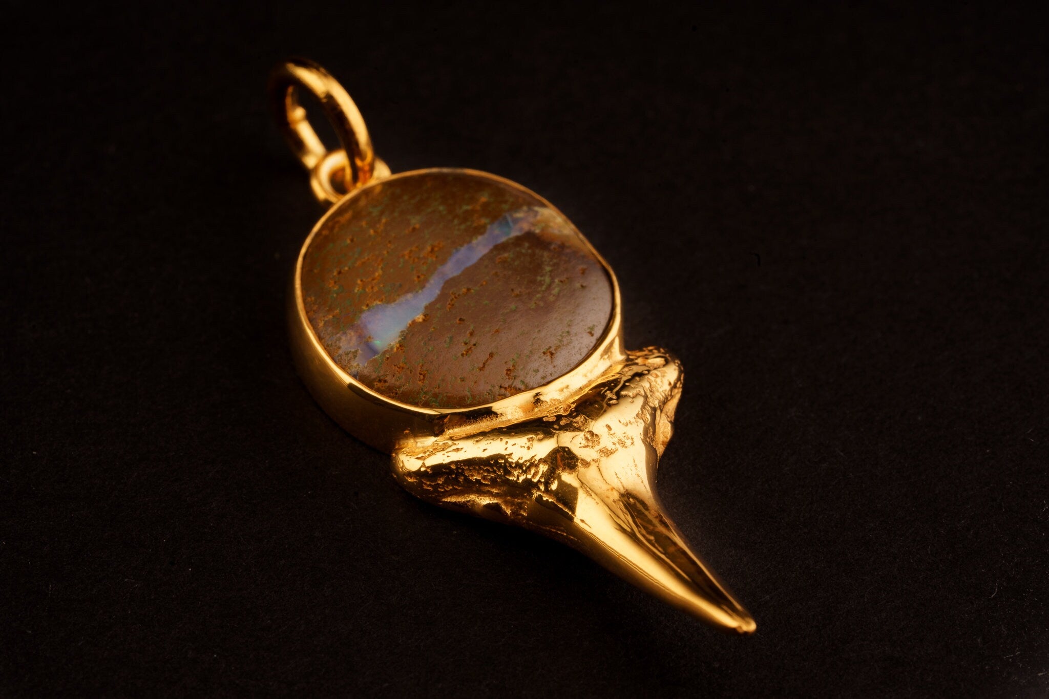 Megalodon Shark Tooth Gold plated Brass Cast - 925 Sterling Silver Set - Australian Boulder OpalCabochon - Pendant Neckpiece