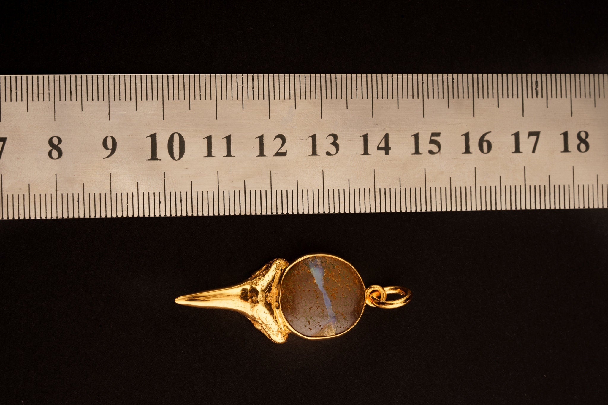 Megalodon Shark Tooth Pendant with Australian Boulder Opal Cabochon, Gold-Plated Brass Cast, 925 Sterling Silver Setting, Scorpio Zodiac