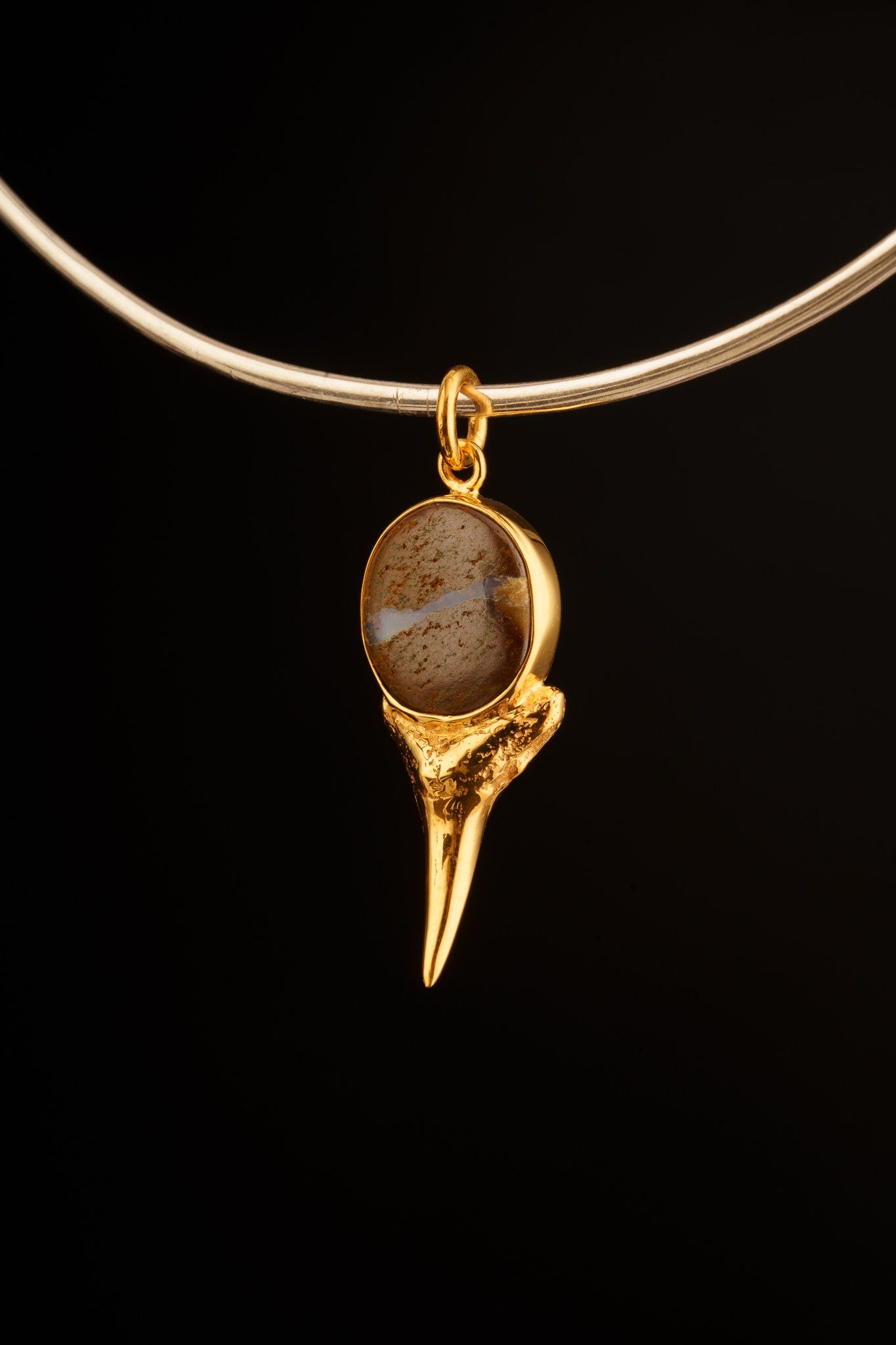Megalodon Shark Tooth Pendant with Australian Boulder Opal Cabochon, Gold-Plated Brass Cast, 925 Sterling Silver Setting, Scorpio Zodiac