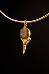 Megalodon Shark Tooth Pendant with Australian Boulder Opal Cabochon, Gold-Plated Brass Cast, 925 Sterling Silver Setting, Scorpio Zodiac
