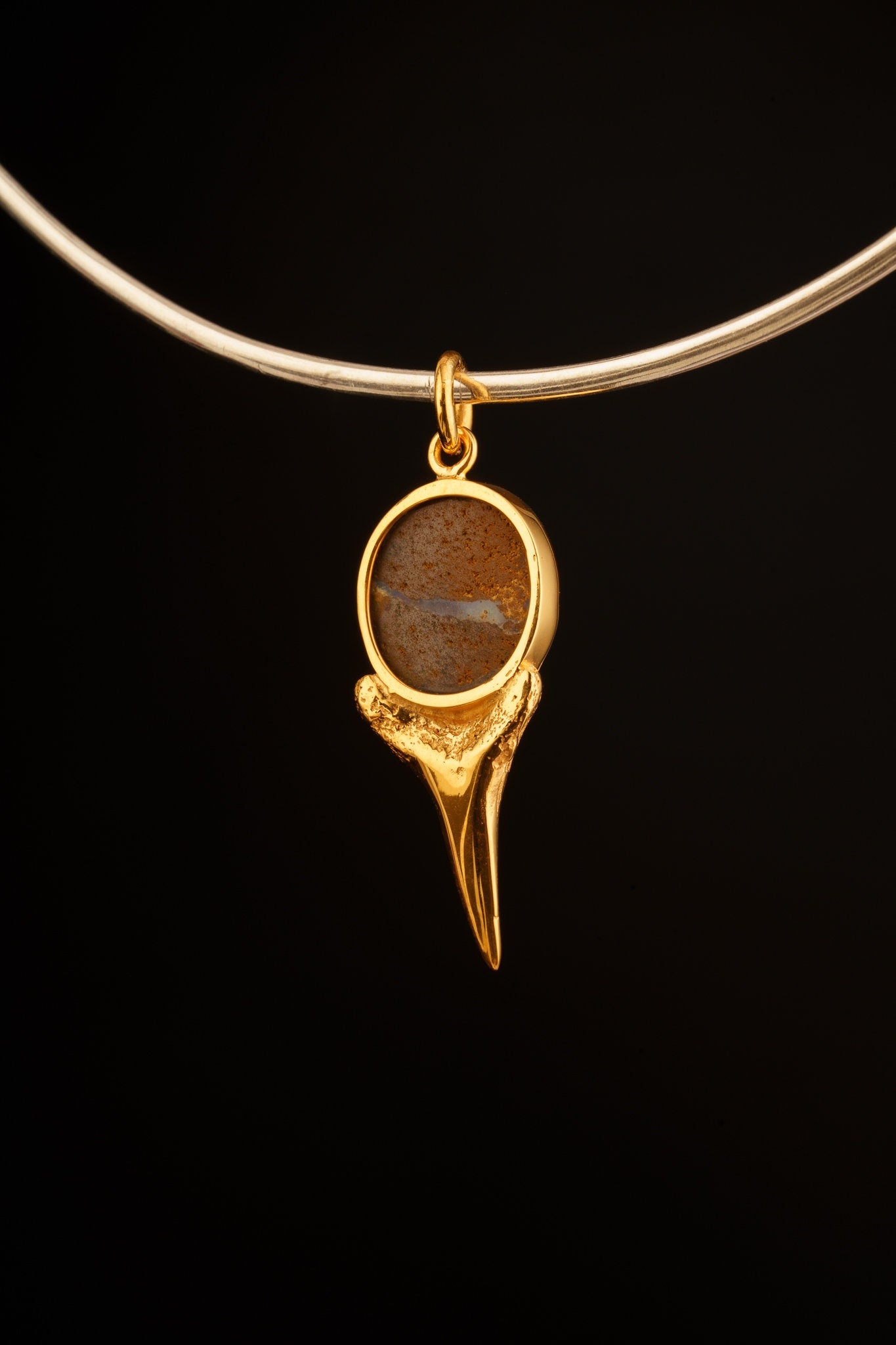 Megalodon Shark Tooth Pendant with Australian Boulder Opal Cabochon, Gold-Plated Brass Cast, 925 Sterling Silver Setting, Scorpio Zodiac