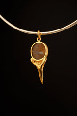 Megalodon Shark Tooth Pendant with Australian Boulder Opal Cabochon, Gold-Plated Brass Cast, 925 Sterling Silver Setting, Scorpio Zodiac