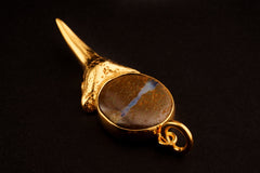 Megalodon Shark Tooth Pendant with Australian Boulder Opal Cabochon, Gold-Plated Brass Cast, 925 Sterling Silver Setting, Scorpio Zodiac